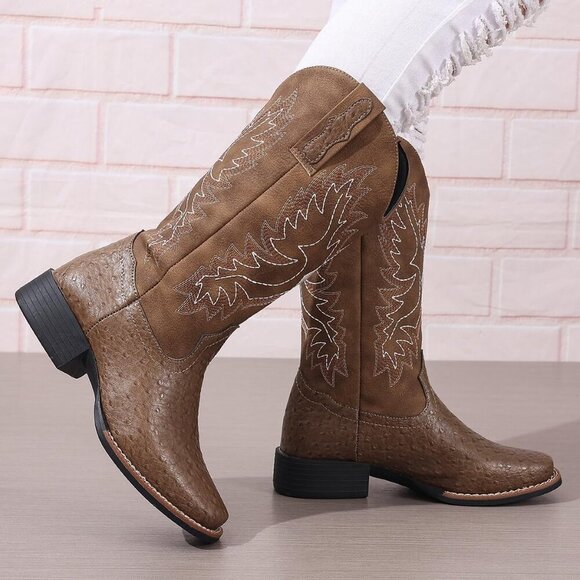 Women's Brown Mid Calf Western Cowgirl Boot Snip Toe Chunky Heel Calf High Boots - Picture 8 of 8